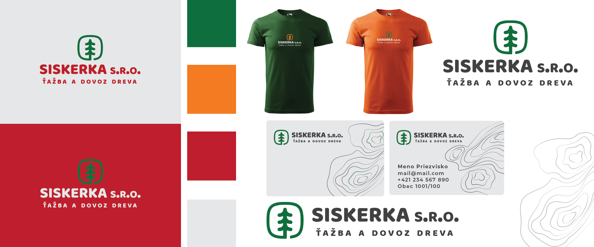 Dizajnmanuál pre lesnícku firmu. Obsahuje základné prvky firemnej identity a aplikácie dizajnu, potlač trička a vizitky.